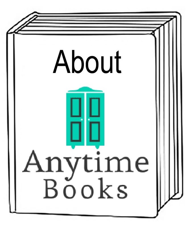 bookcover line drawing with a red bookshelf and About Anytime Books Title